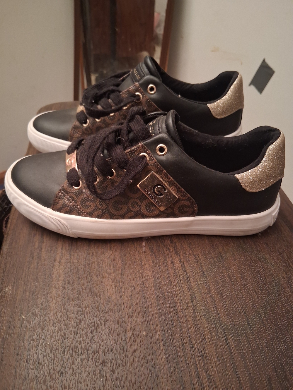 Guess by Marciano Black and Brown Low-Top Sneakers with Gold Accent